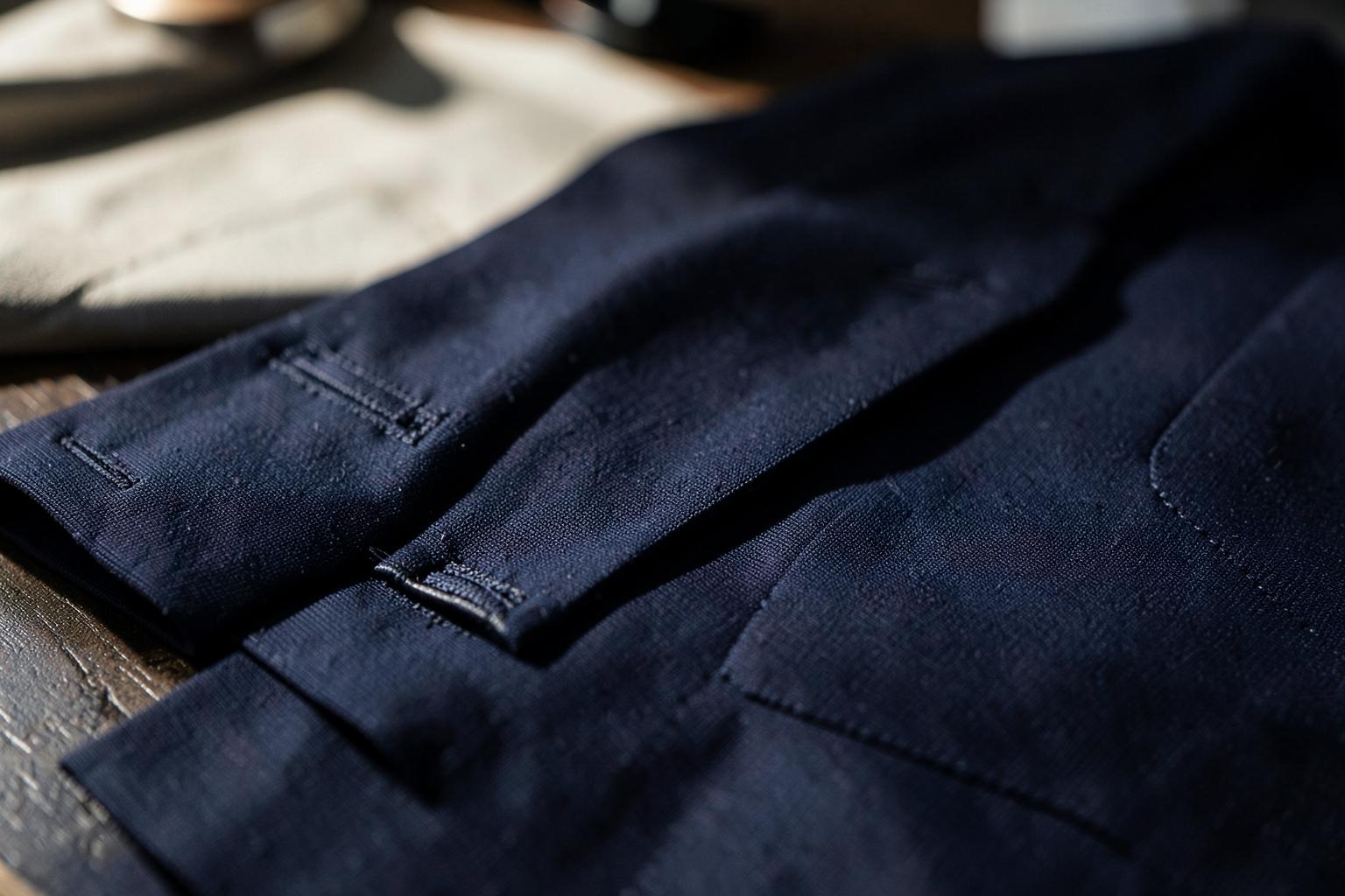 Close view of navy suit fabric and tailoring