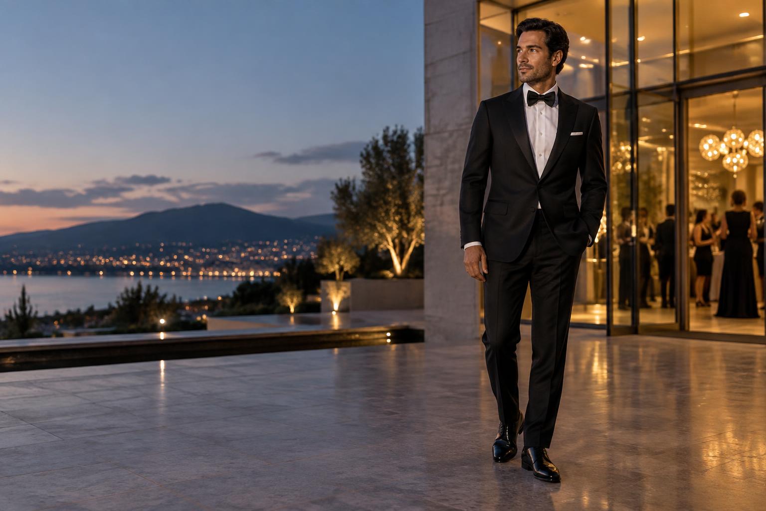 Man in black tie arriving at an evening venue
