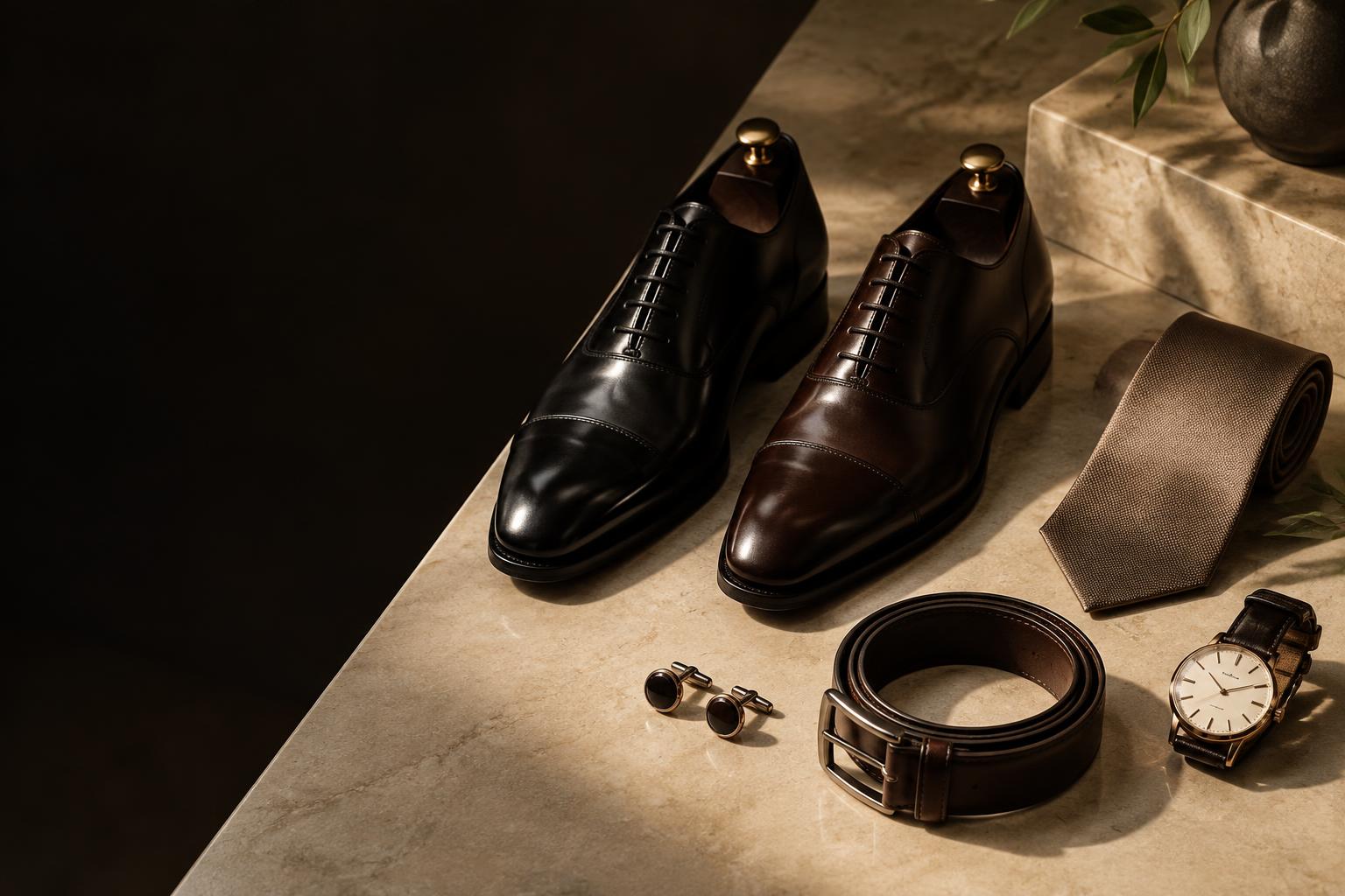 Formal shoes and accessories arranged on stone