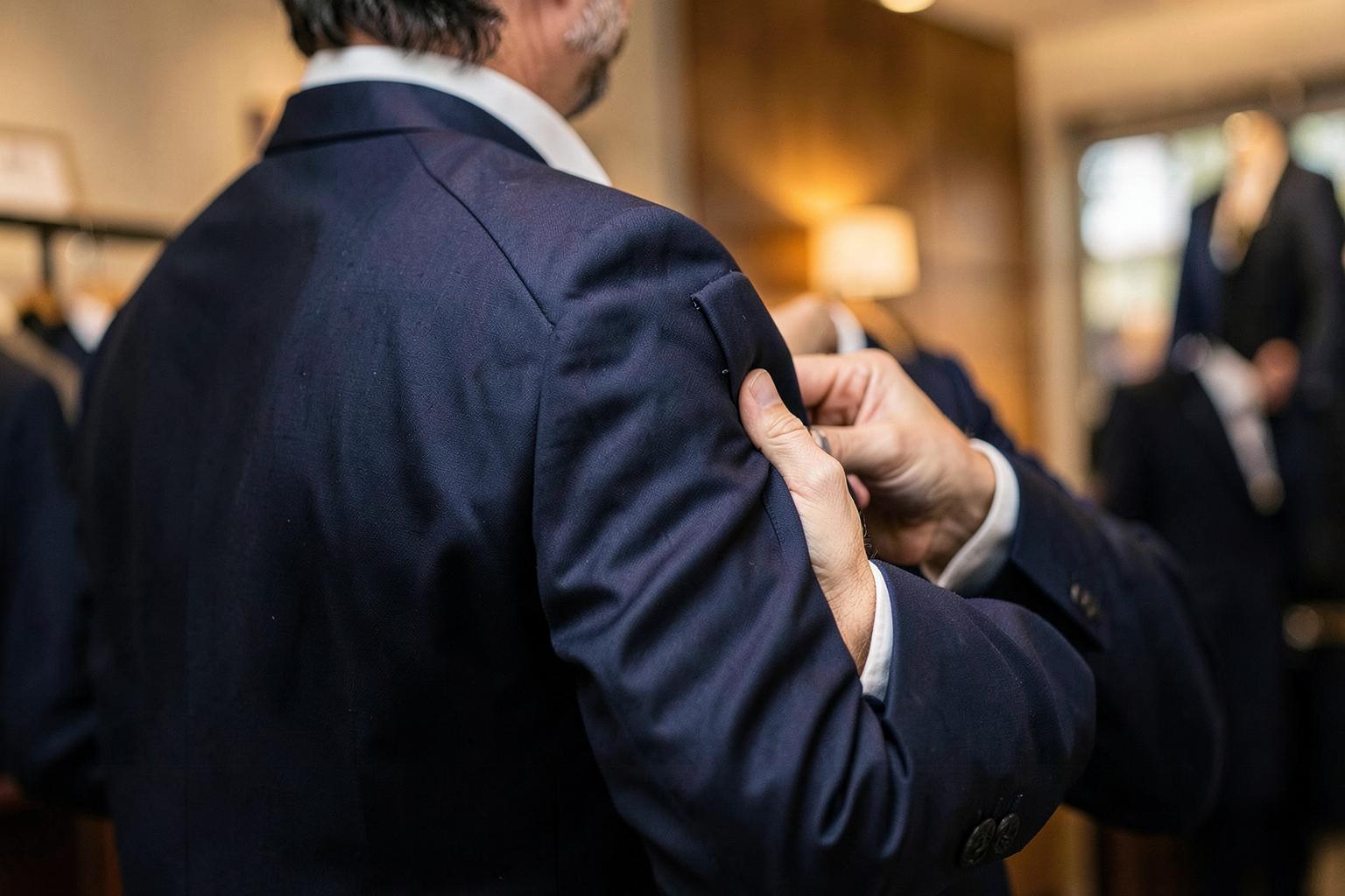 Close view of an in-store suit fitting