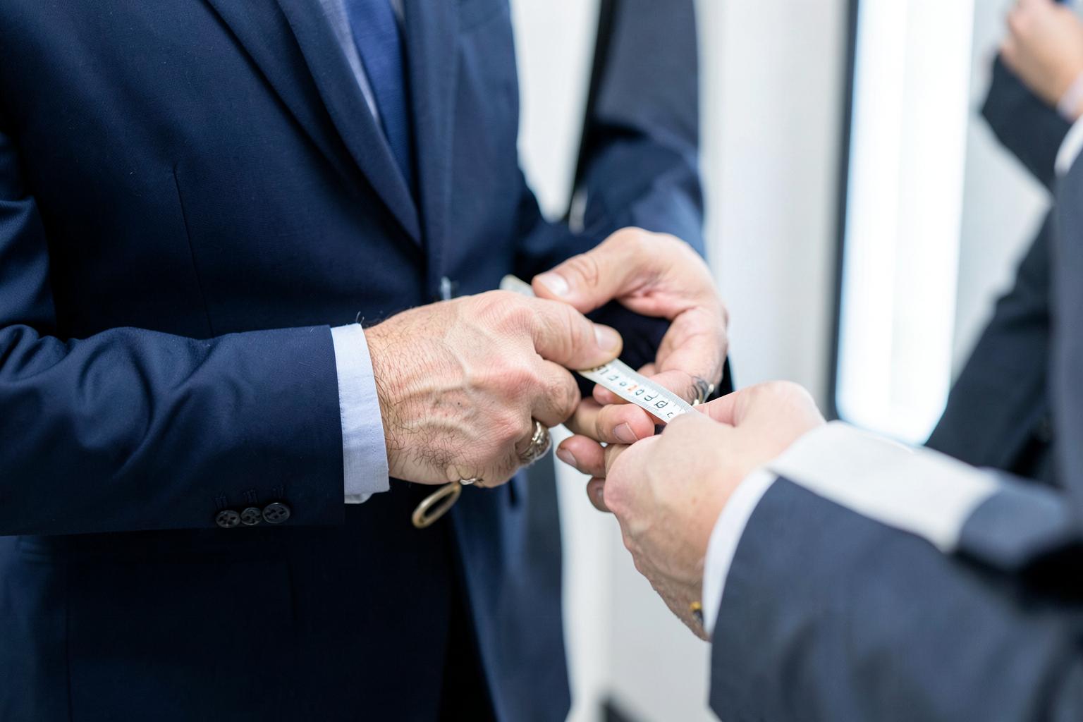 Sleeve measurement during a wedding fitting