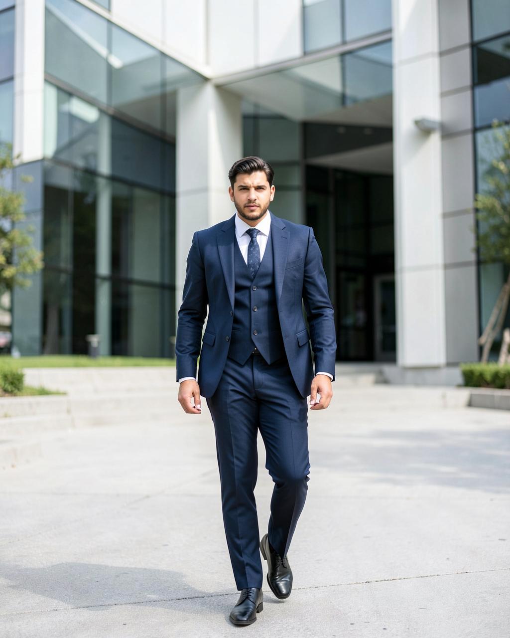 Man in navy three-piece suit
